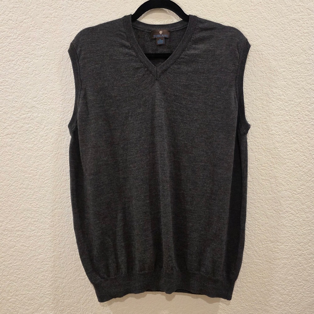 Toscano Mens XL Charcoal Gray 100% Merino Wool V-Neck Sweater Vest Made in Italy